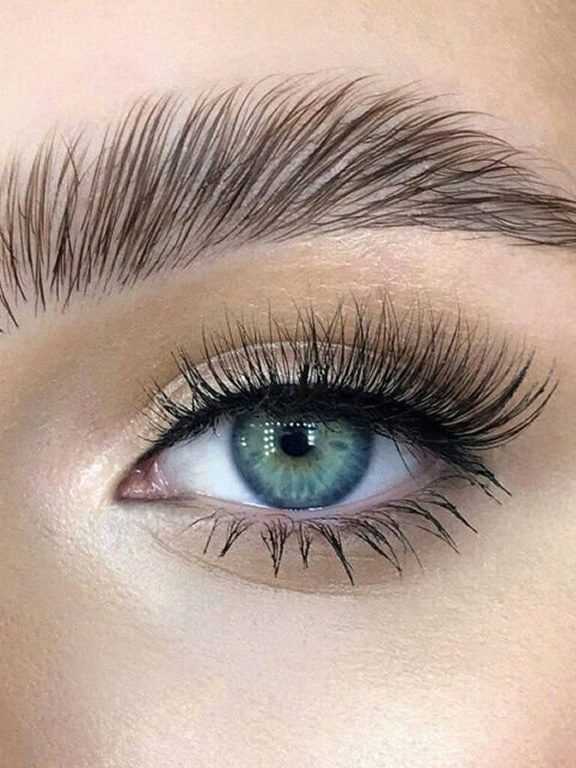 Close-up of a blue eye with long lashes and well-groomed eyebrows.